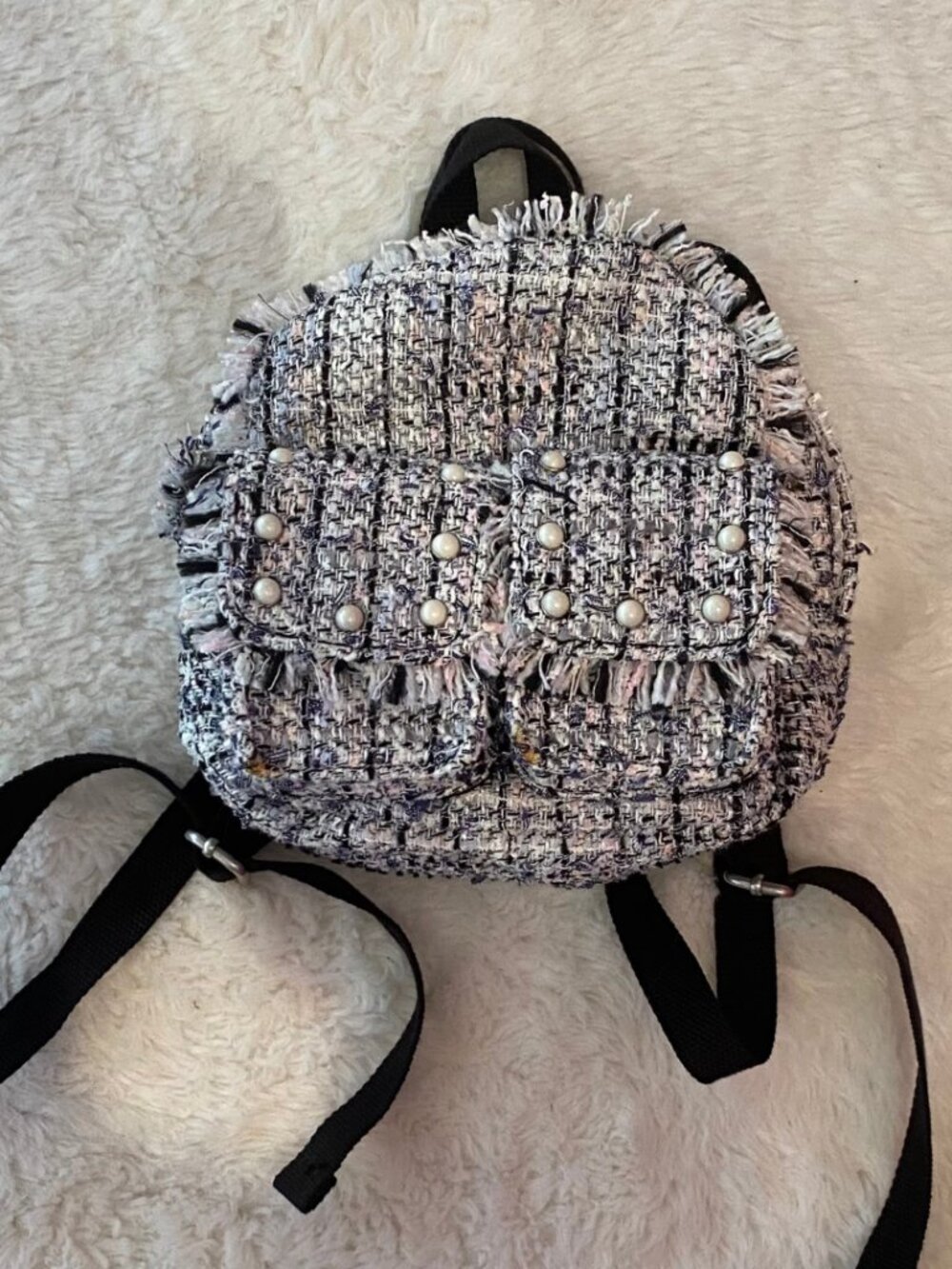 Zara Mini Tweed Mini Backpack – Blue, Pink, White & Navy